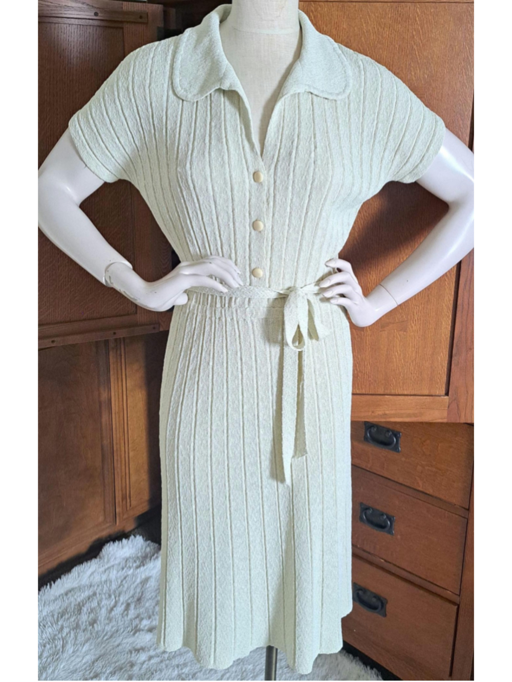 60s Kimberly Knitwear Dress Mod Cream Ribbed Knit Midi Matching Belt